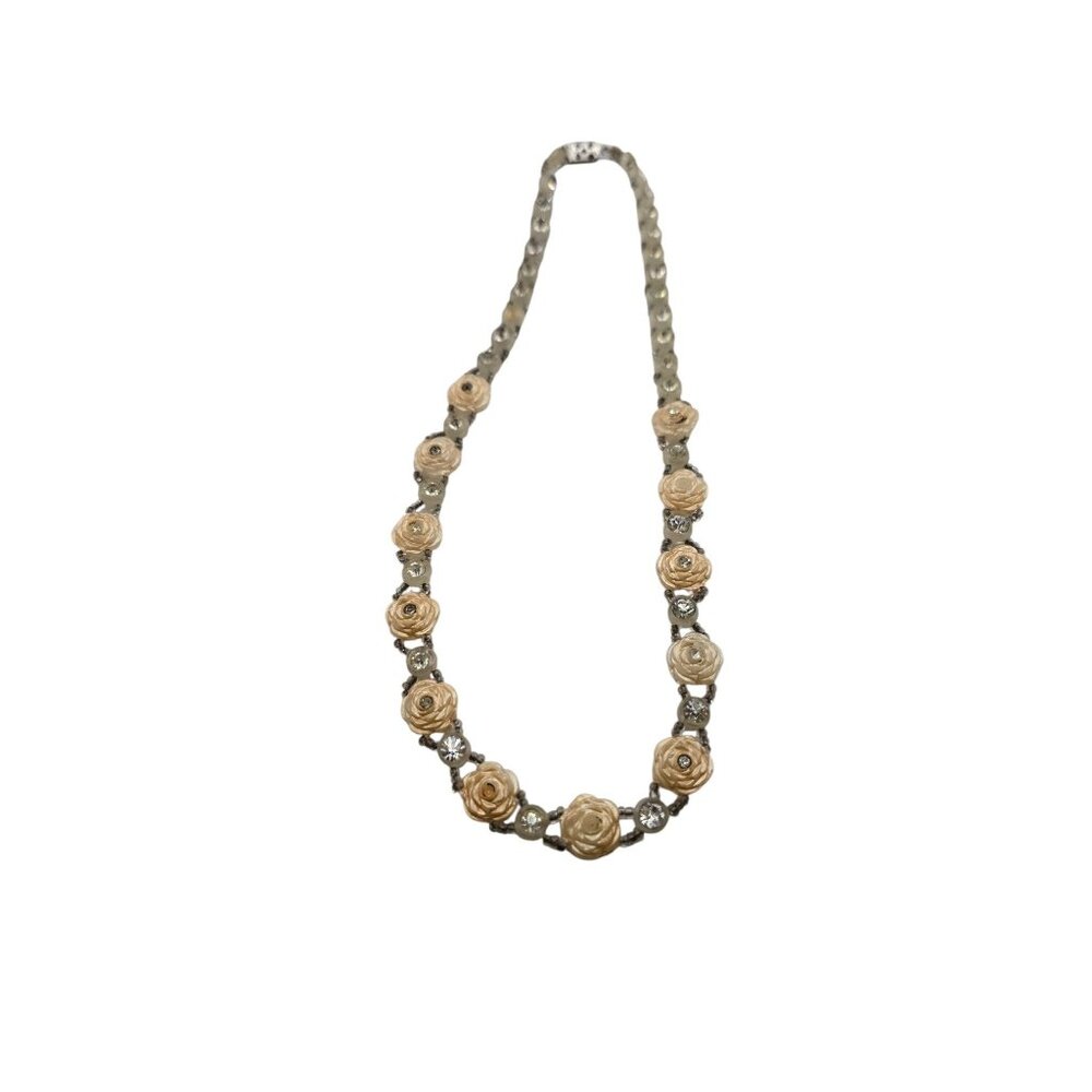 Art Deco Beaded Glass & Celluloid Flower Necklace (A8101)